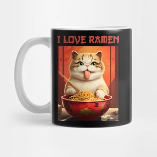 Quirky Kitty Cat Eating Ramen - I Love Ramen Mug